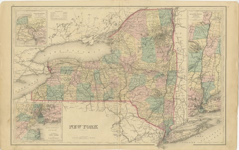 1876 Antique Map of New York State with Niagara and Hudson River Insets