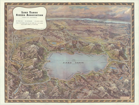 Vintage Lake Tahoe Bird’s-Eye View Pictorial Map by Gerald A. Eddy, circa 1945