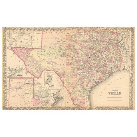 Large Antique Map of Texas with Panhandle & Bay Inset Maps, Colton, 1873