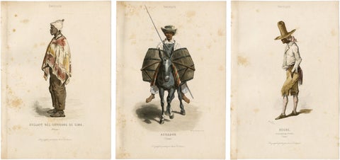Set of Three Antique People & Trades of Lima Peru Engravings, circa 1850