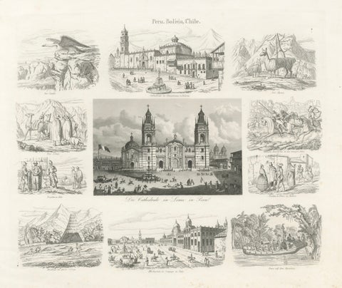 Original Antique Print of Peru, Bolivia & Chile – Lima Cathedral and Views, 1855