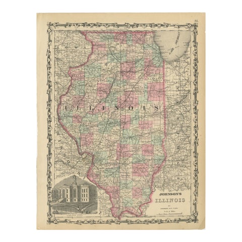 Johnson’s Illinois Map, USA c.1864 – Hand-Colored with Chicago Courthouse View