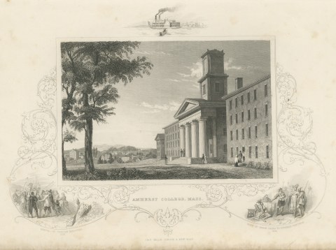 Amherst College, Massachusetts, with Governor Winthrop Vignette, circa 1850