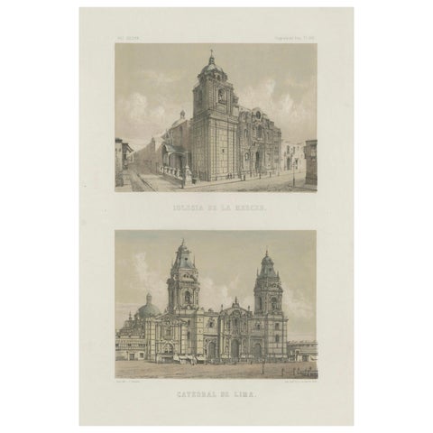 Hand-colored lithograph views of the Cathedral and La Merced Church, Lima – 1865