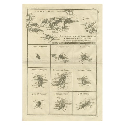 Antique Caribbean Map, Virgin Islands and Antilles Atlas Sheet, Bonne c.1780