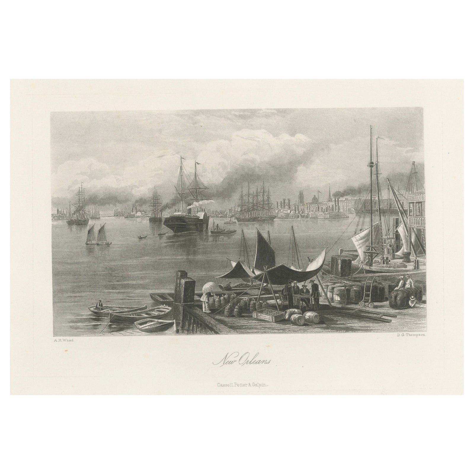 New Orleans Harbor, Mississippi River Shipping and Steamers – Engraving ca.1850