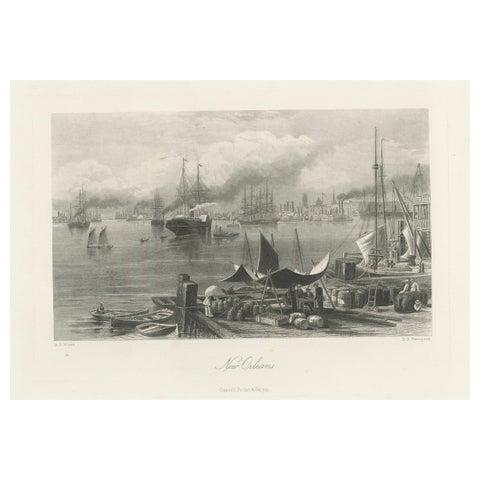 New Orleans Harbor, Mississippi River Shipping and Steamers – Engraving ca.1850