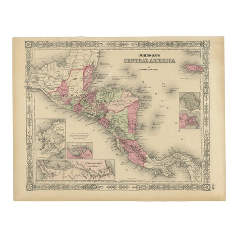 Central America Map – Johnson, Hand-Colored with Insets, c.1864