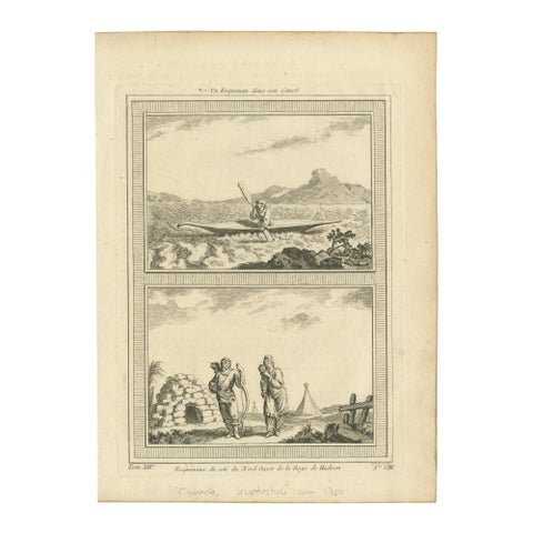 1757 Engraving of Inuit & Indigenous Peoples – Hudson Bay & Arctic Canoe Scene