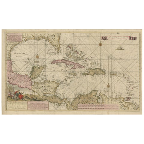 Engraving of a Map of Florida, the Gulf Coast, Caribbean & Central America, 1728