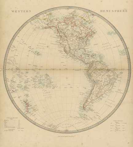 Antique Map of the Western Hemisphere with Highest Mountains Table, 1858