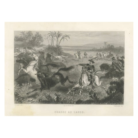 Gaucho Horsemen Lassoing Wild Horses – Antique Engraving by Énault, 1867