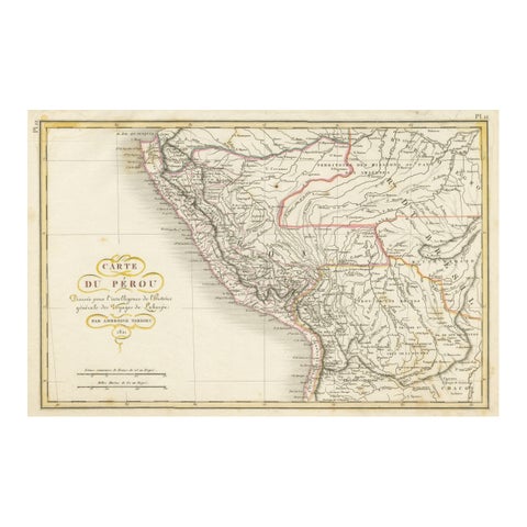 Original Antique Map of Peru with Regions Outlined in Color