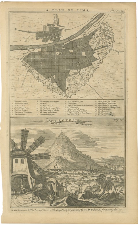 Original Antique Plan of Lima and View of Potosí by A. & J. Churchill, c.1744