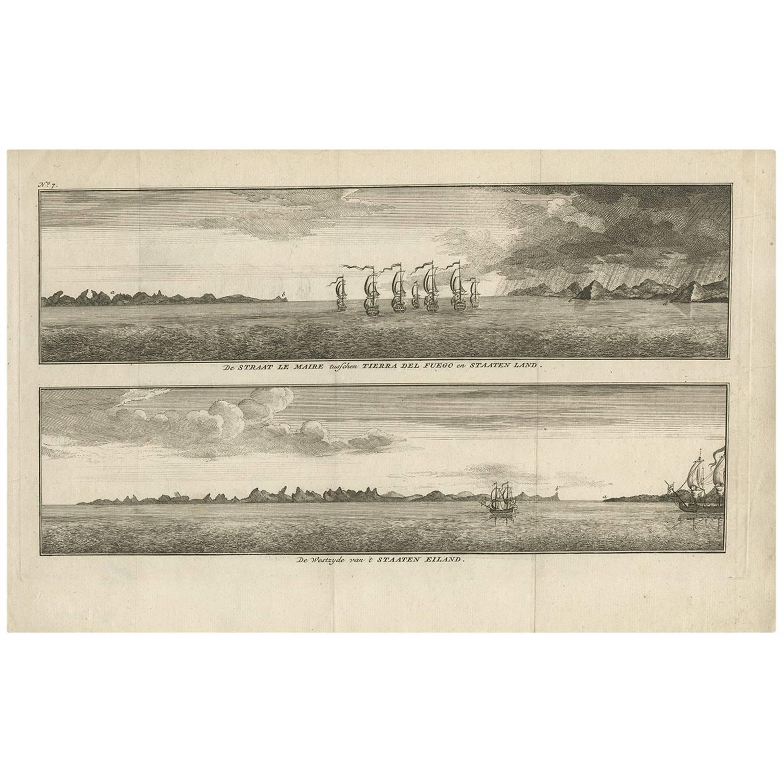Antique Print with views of Staten Island and Tierra del Fuego by Anson (c.1760)