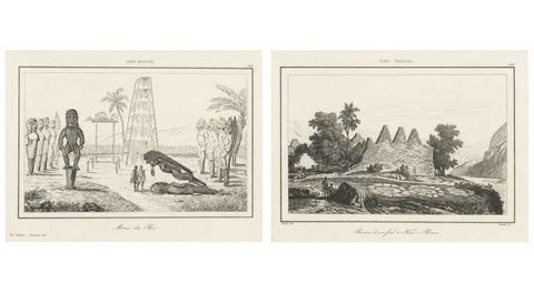 Ancient Hawaiian Temples & Royal Sacred Sites – Pair of Small Engravings, 1836