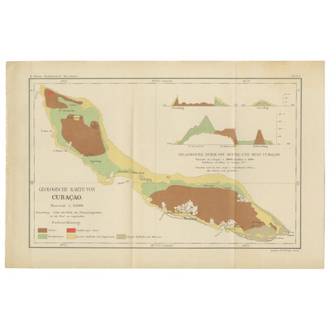 Antique Geological Map of Curaçao - Hand Colored Dutch Caribbean, 1888