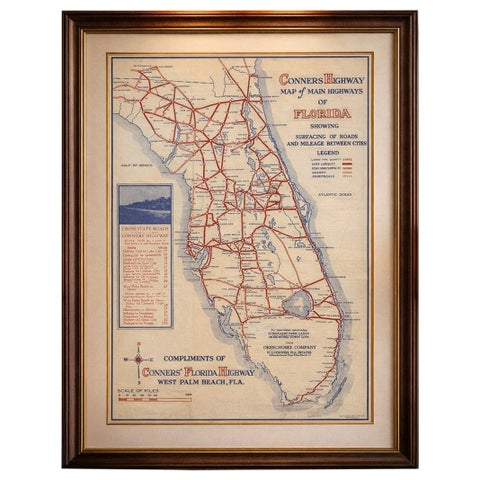 Antique Florida Highway Map – Conners Highway, Lake Okeechobee Roads, ca.1924