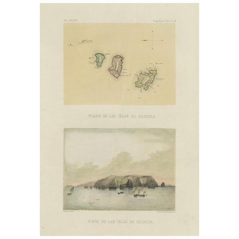 Hand-colored lithograph map and view of the Chincha Islands, Peru – 1865