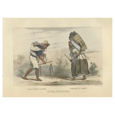 Mexican Market Vendor and Charcoal Seller – Hand-Colored Engraving, 1867
