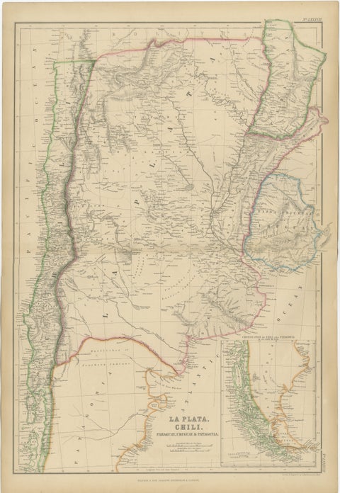 Antique Map of La Plata, Chile, Paraguay, Uruguay and Patagonia, 1860