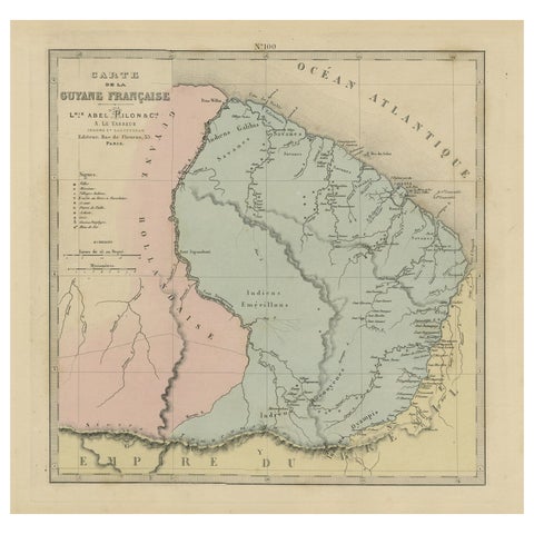 Antique Engraved Map with Original Hand Color of French Guiana, 1876
