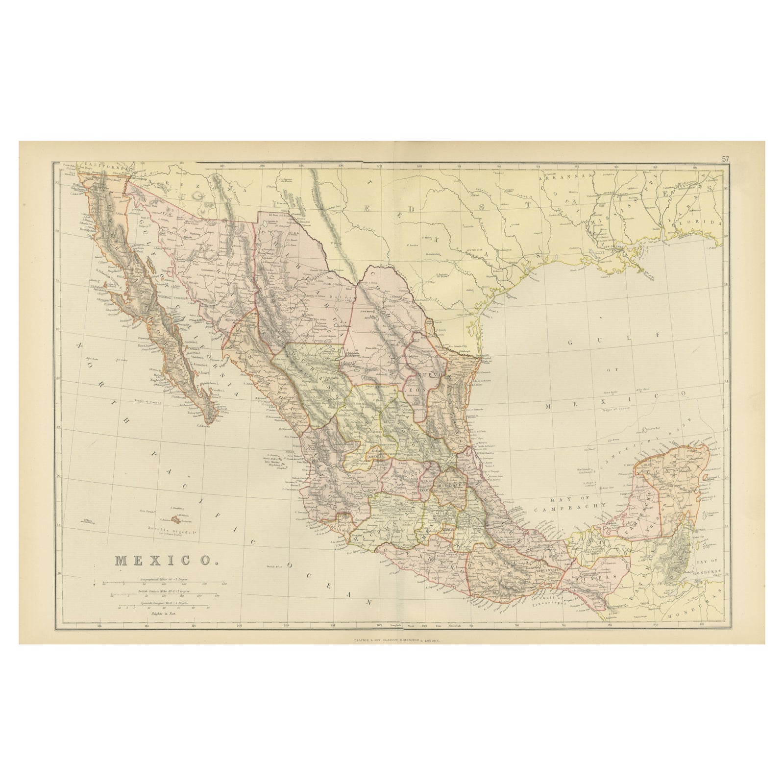 1882 Antique Map of Mexico Highlighting Geographical and Political Boundaries