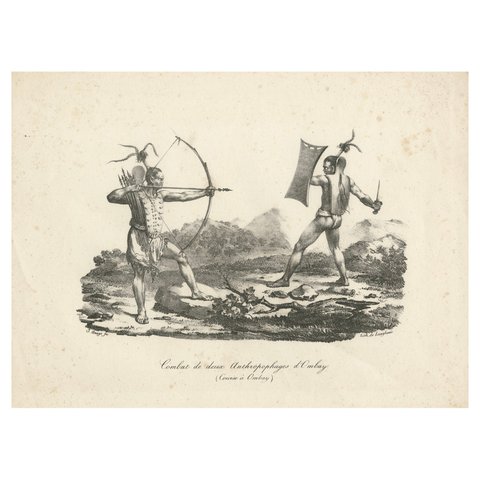 Battle in Owhyhee (Hawaii) - Combat of Two Anthropophages, 1785 Engraving