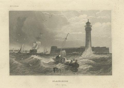 Black Rock New York Harbor Lighthouse – Antique Steel Engraving c.1850