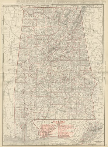 Antique Map of Alabama, The Yellowhammer State, Rand McNally, 1899