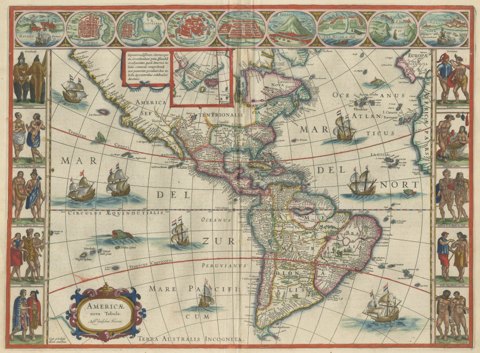 Antique Blaeu Map of America, Terra Australis Incognita, 1642