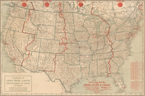 1930s AM Radio Map of US, Canada, Cuba, Mexico – Stations & Frequencies