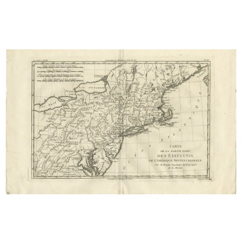 Antique Northeastern United States Map, New England & Mid-Atlantic, Bonne, 1780