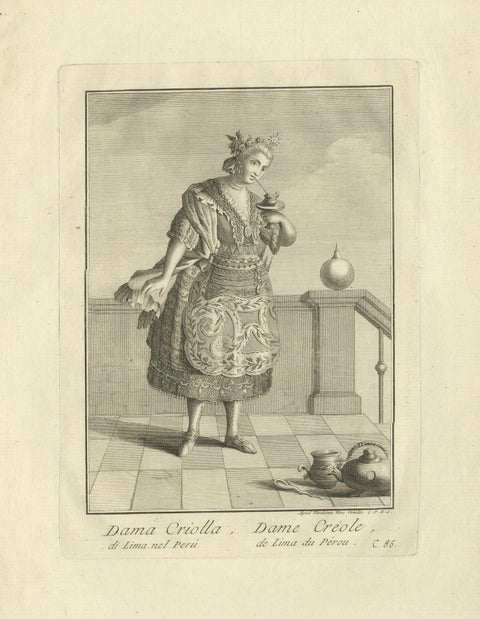 Antique Print of a Creole Lady Drinking Chocolate in Lima, Peru, c.1796