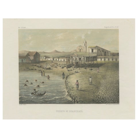 Antique Lithograph View of Puerto de Huanchaco, Peru c.1865