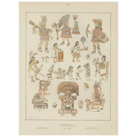 Hand-Colored Print of Ancient American Figures, Pre-1500 Indigenous Art, ca.1880