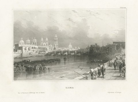 Lima, Peru, with the Stone Bridge over the Rimac, Steel Engraving, circa 1850