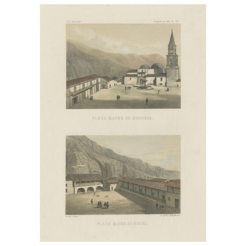 Hand-colored lithograph views of Huánuco & Huari, Peru – Plazas Mayores, 1865
