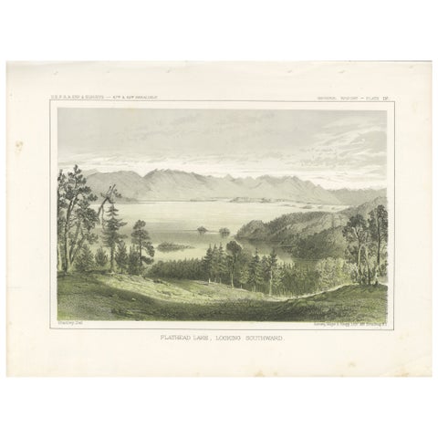 Serene View of Flathead Lake and Surrounding Mountains in Montana, Litho of 1856