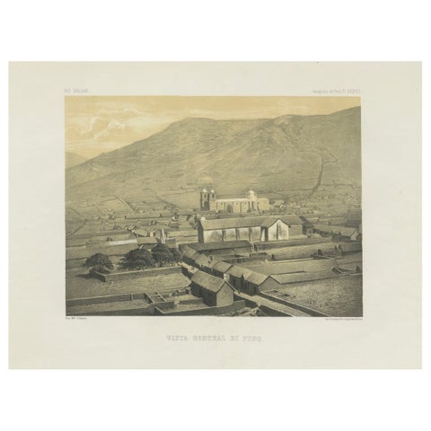 Puno Peru Antique City View Lithograph – Panoramic Scene c.1865