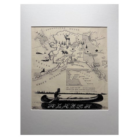 Original Illustration Map of Alaska by Charles Burki, ca. 1945 – Ink Drawing