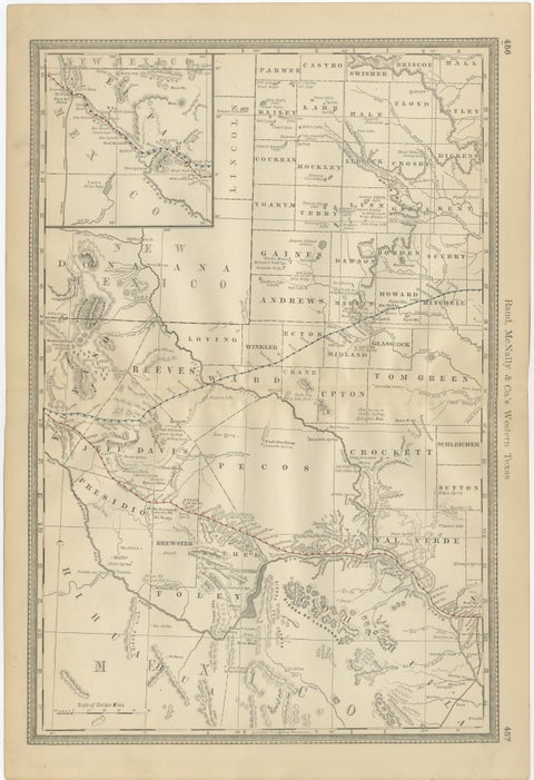 Western Texas Antique Map 1888 – Railroads, Counties & Frontier Towns