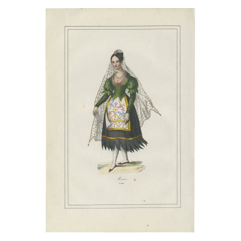 Mexican Woman Costume Print – Antique Hand-Colored Lithograph, 1854