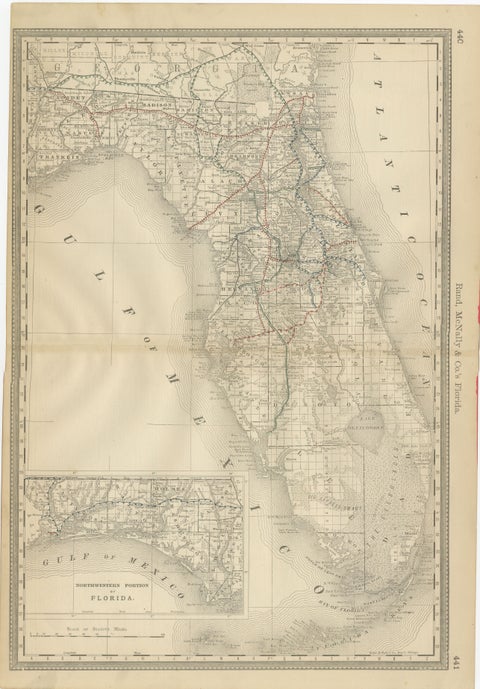 Florida 1888 Antique Map – Railroads, Settlements & Gulf Coast Detail