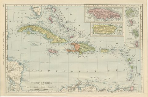 Antique Map of the West Indies, with Cuba, Jamaica and Puerto Rico, 1899