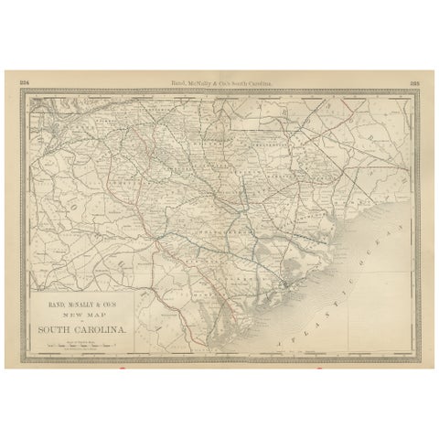 South Carolina Antique Map c.1888 – The Palmetto State, Railroads & Counties