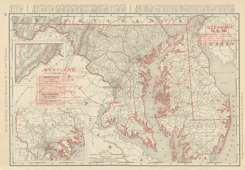 Antique Map of Maryland and Delaware, with Baltimore Inset, Rand McNally, 1899