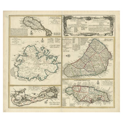 Original Old Map of St Kitts, Antigua, Bermuda, Barbados, and Jamaica, ca.1745