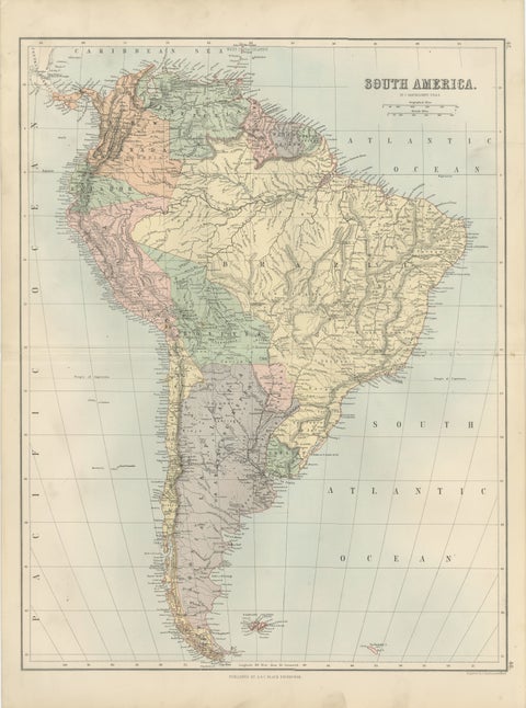 Antique South America Map, Brazil, Argentina, Chile, Bartholomew, 1884