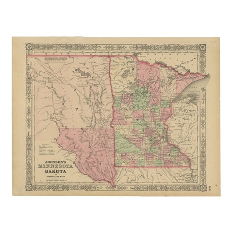 Minnesota and Dakota Map – Johnson, Hand-Colored, USA c.1864